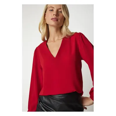 Happiness İstanbul Women's Red V-Neck Crepe Blouse