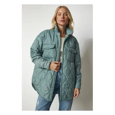 Happiness İstanbul Női Aqua Green Oversized steppelt kabát patenttal