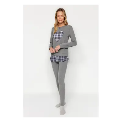 Trendyol Gray Heart Printed Tshirt-Leggings, Knitted Pajamas Set