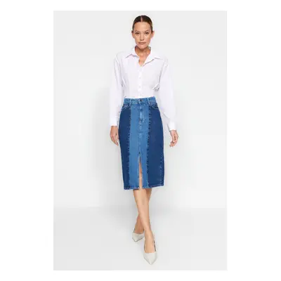 Trendyol Blue Color Block Midi Denim Skirt