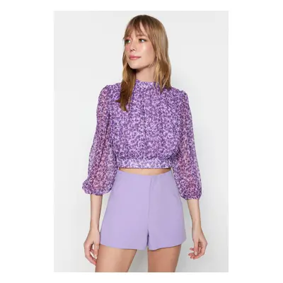 Trendyol Purple Floral Crop High Neck Woven Blouse