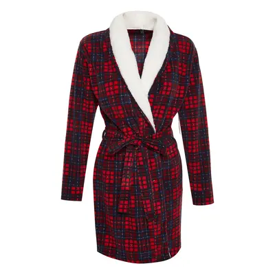 Trendyol Red Belted Plaid Patterned Fleece Knitted Dressing Gown