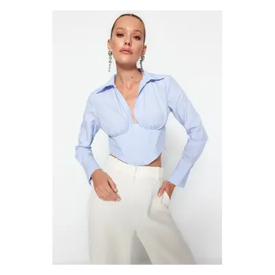 Trendyol Blue White Striped Corset Detailed Poplin Shirt