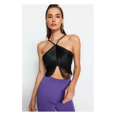 Trendyol Black Crop Tassel Detailed Woven Blouse