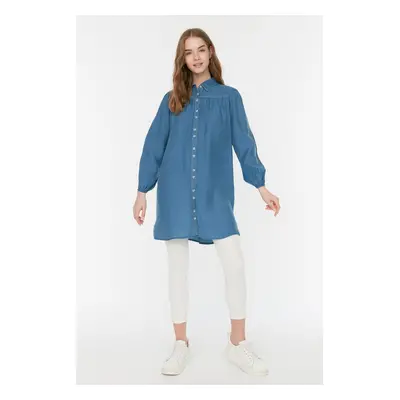 Trendyol Indigo Contrast Stitched Woven Linen Look Natural Fabric Shirt