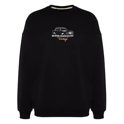 Trendyol Black Oversize/Wide Cut Crew Neck Long Sleeve Car Print Sweatshirt