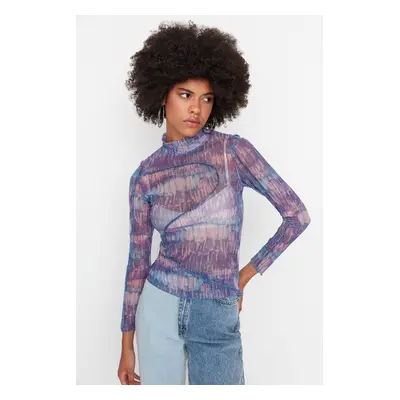 Trendyol Purple Patterned Stand-Up Collar Tulle Knitted Blouse