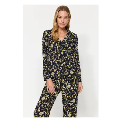 Trendyol Black Floral Pattern Viscose Shirt-Pants Woven Pajamas Set