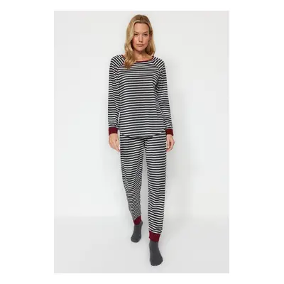 Trendyol Anthracite Multicolored Striped Tshirt-Jogger Knitted Pajama Set