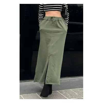 Madmext Women's Khaki Green Midi Skirt with a Slit Detail