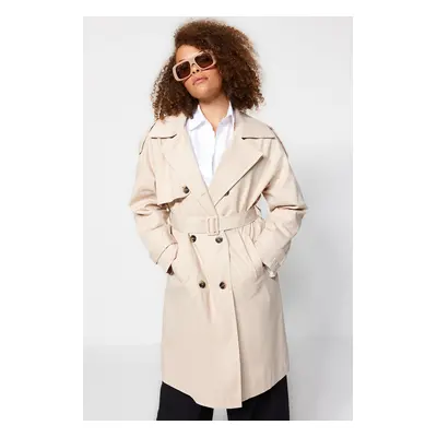 Trendyol Curve Bézs derékszíjas Gabardine Trench kabát