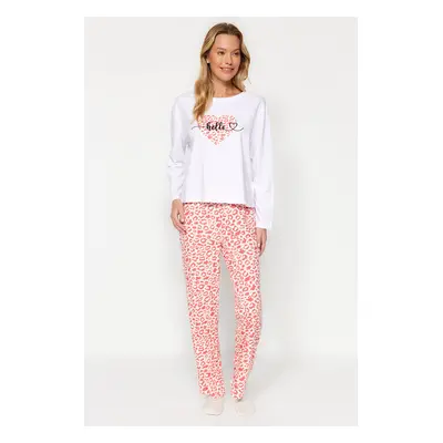 Trendyol Powder 100% Cotton Leopard Print T-shirt-Pants and Knitted Pajamas Set