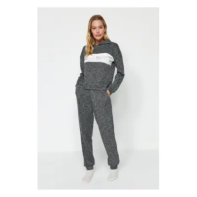 Trendyol Gray Cotton Motto Printed Sweatshirt-Jogger Knitted Pajamas Set