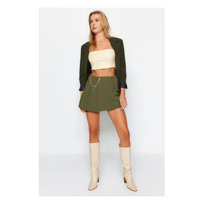 Trendyol Dark Khaki Chain and Pleat Detailed Woven Shorts Skirt