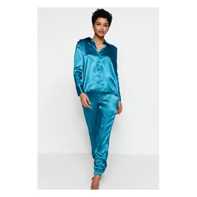 Trendyol Blue Elastic Leg Satin Woven Pajamas Set