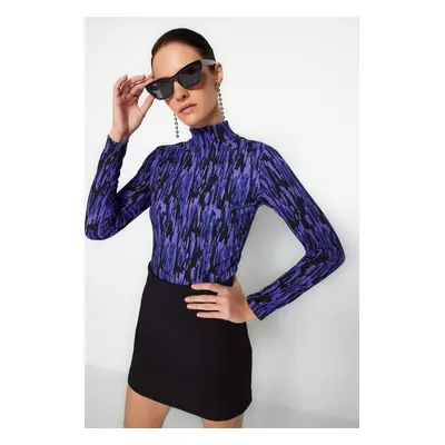 Trendyol Purple Printed Fitted High Neck Long Sleeve Sweater/Textured Knitted Blouse