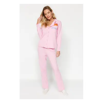 Trendyol Pink Cotton Cookie Printed Shirt-Pants Knitted Pajamas Set