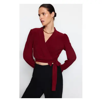 Trendyol Burgundy Double Breasted Closure Crop Stretchy Knitted Blouse