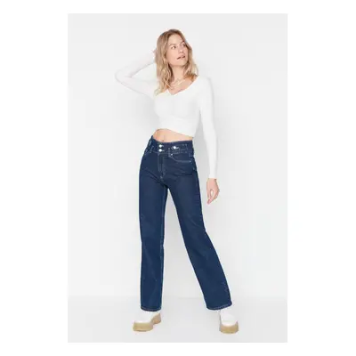 Trendyol Blue Waist részletes magas derékú széles szárú farmer