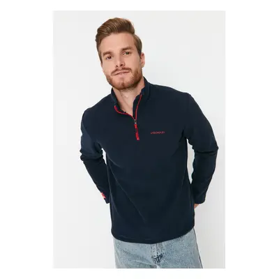 Trendyol Navy Blue Regular/Normal Cut Zippered Stand Collar Embroidered Polar Fleece Sweatshirt