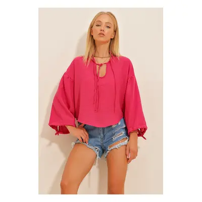 Trend Alaçatı Stili Women's Fuchsia Classic Collar Balloon Sleeve Linen Blouse