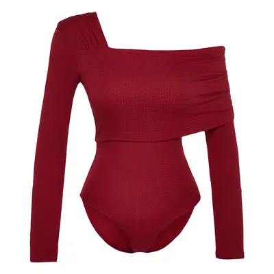 Trendyol Burgundy Asymmetrical Collar Detailed Draped Fitted/Closing Wrap/Textured Knitted Body