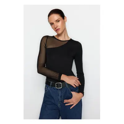 Trendyol Black Tulle Detailed Stretchy Knitted Bodysuit