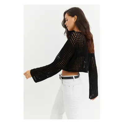 Cool & Sexy Women's Black Spanish Sleeve Openwork Knitwear Short Blouse