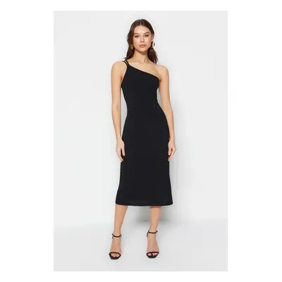 Trendyol Black One Shoulder A-Line/A-Line Form Midi Smart Crepe Strap kötött ruha