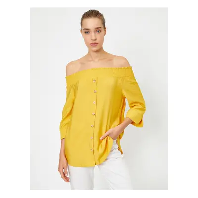 Koton Women's Yellow Button-Sleeved Off-Shoulder Shirt