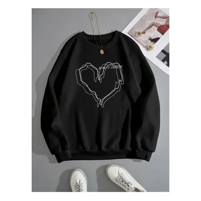 Know Women's Black Striped Heart Print Oversized Sweatshirt