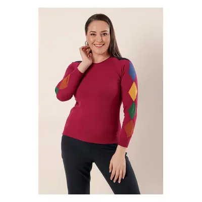 By Saygı Sleeve gyémánt minta Első Rövid Vissza Hosszú Plus Size Akril pulóver Fukszia