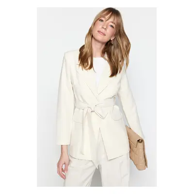 Trendyol Cream Tie Waist Belted Woven Lined Jacket