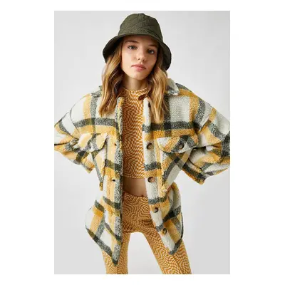 Koton Women's Checkered Yellow Coat with Pockets and Buttons 2kal58140ıw