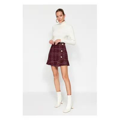 Trendyol Claret Red with Buttons and Tweed Fabric Hem with Ruffles, Mini Woven Skirt