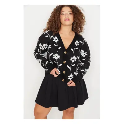 Trendyol Curve Black Floral Patterned Knitwear Cardigan