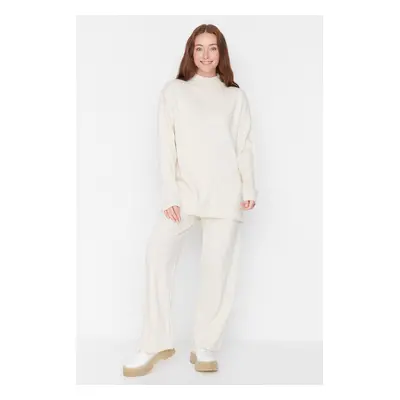 Trendyol Stone Half Turtleneck Slit Detailed Sweater-Pants Knitwear Suit