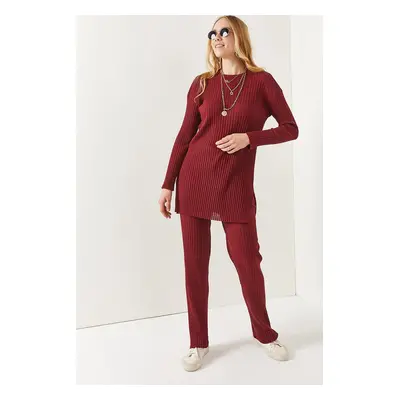 Olalook Women's Claret Red Top Slit Blouse Bottom Palazzo Corduroy Suite