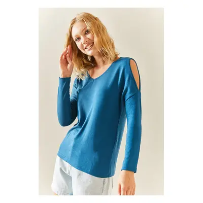 XHAN Petrol Blue Off-the-Shoulder Loose Loose Blouse