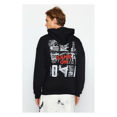 Trendyol Black Oversize/Wide Fit Hooded Basketball Printed Cotton Sweatshirt