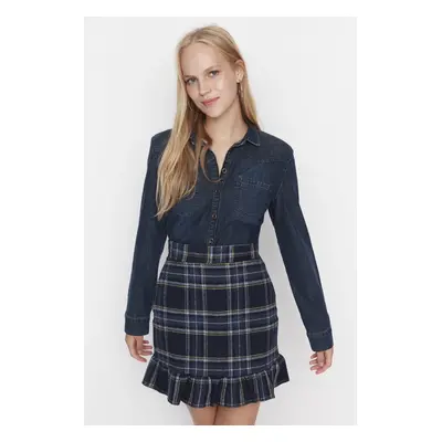 Trendyol Blue Checked Patterned Mini Woven Mini Skirt with Ruffles