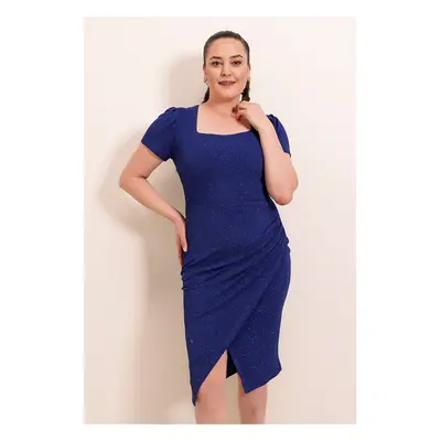 By Saygı oldalán összegyűjtött rövid ujjú bélelt körbefutó ezüstös plus size ruha széles méretű 