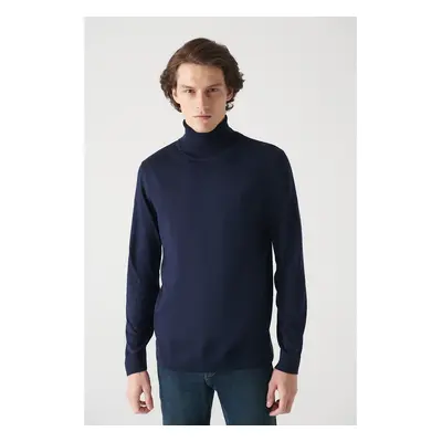 Avva Men's Navy Blue Full Turtleneck Wool Blended Regular Fit Knitwear Sweater