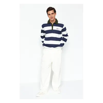 Trendyol Navy Blue Regular/Normal Cut Polo Collar Striped Fleece Inside/Warm Sweatshirt