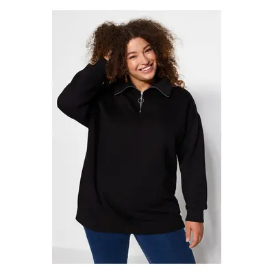 Trendyol Curve Black Thick Fleece Zippered Knitted Sweatshirt