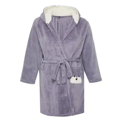 Trendyol Curve Gray Wellsoft/Plush Animal Figured Pocket Hooded Knitted Dressing Gown