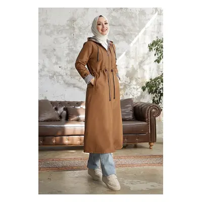 InStyle Burgundy Striped Pattern Long Trench Coat - Tan