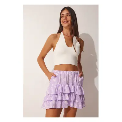 Happiness İstanbul Women's Lilac Patterned Ruffle Viscose Shorts Skirt