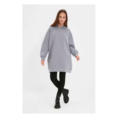 Trendyol Grey Wide Fit Oversize Hooded Pocket Scuba Knitted Sweatshirt