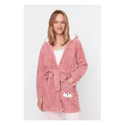 Trendyol Powder Belted Animal Figured Hooded Wellsoft Knitted Dressing Gown with Pockets